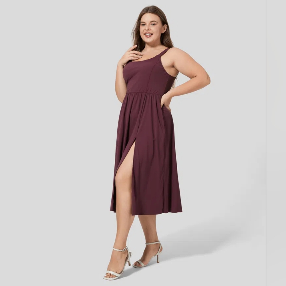 Padded Backless Twisted Split Midi Casual Dress